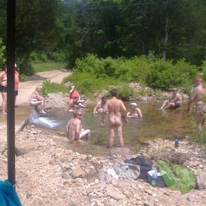 a bunch of nudey relaxing in the water in the wilderness