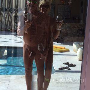 A naturist sitting at home outdoors